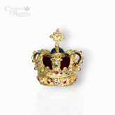 Gold crown with gemstones on a white background, branded 'Crowns & Regalia'.